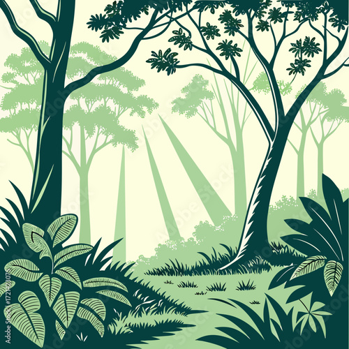 Stylized forest scene with lush green foliage and dappled sunlight filtering through the trees