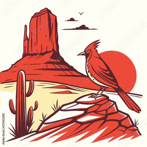 Stylized desert landscape with a bird perched on rocks cacti and mesas under a setting sun