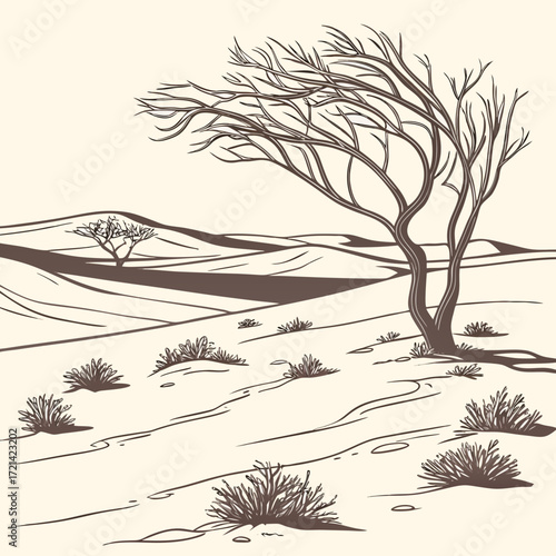 Stylized illustration of a solitary acacia tree in a vast desert landscape with rolling sand dunes and sparse vegetation