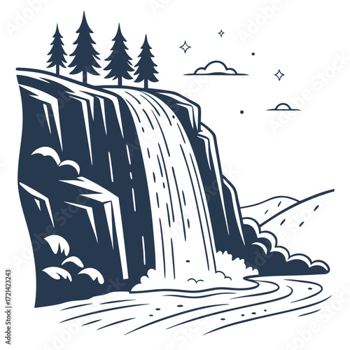 Stylized illustration of a tall waterfall cascading down a rocky cliff with pine trees and clouds
