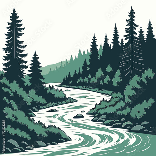 Stylized illustration of a winding river flowing through a dense forest with evergreen trees and rocky shores