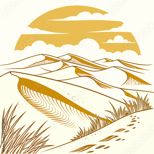Stylized illustration of golden sand dunes under a vast yellow sky with clouds and sparse desert grass
