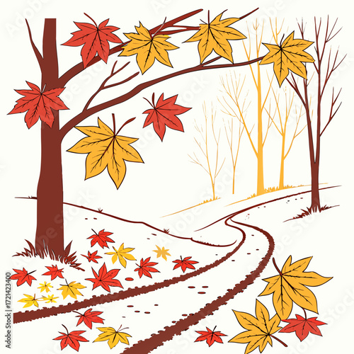 Autumn scene with colorful falling maple leaves on a winding path through trees