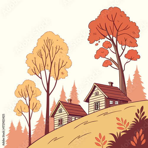 Charming rustic cabins nestled on a hill surrounded by vibrant autumn trees and foliage