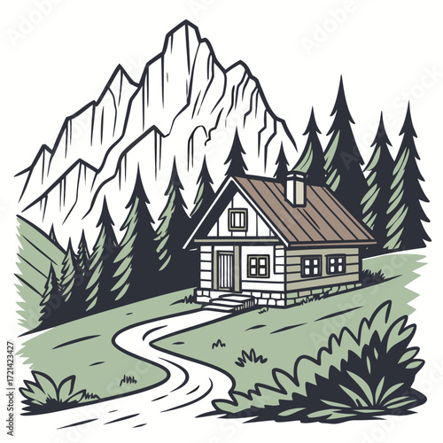 Charming wooden cabin nestled among pine trees with a winding path leading to majestic mountains