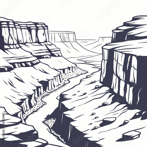 Dramatic black and white illustration of a vast canyon with a winding river carving through its depths