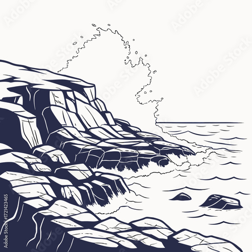 Dramatic wave crashing against rugged rocky coastline in a minimalist line art style