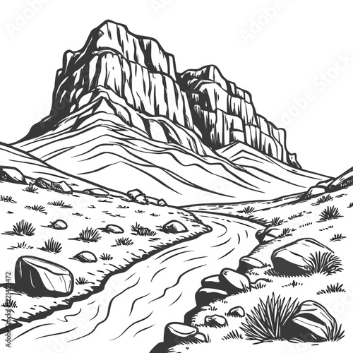 Dramatic black and white sketch of a winding river flowing through a rocky canyon landscape with majestic mountains