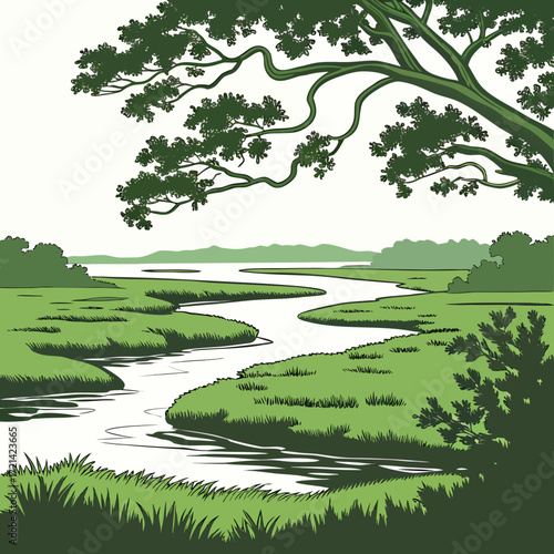 Serene winding river flowing through lush green marshland with a large tree overhead