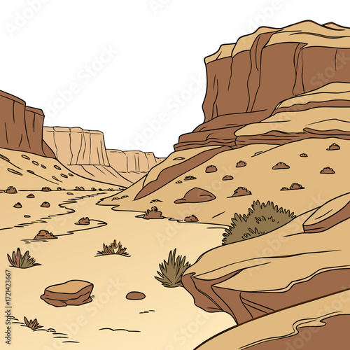Stylized cartoon illustration of a vast desert canyon landscape with layered rock formations and sparse vegetation