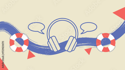 Illustration of headphones with speech bubbles life preservers and abstract shapes on a light background