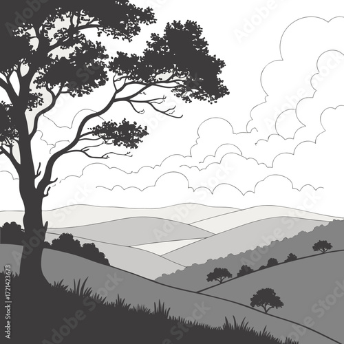 Silhouette of a large tree against a backdrop of rolling hills and cloudy sky