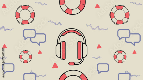 A seamless pattern with headsets, speech bubbles, life preservers and small triangles on a beige background