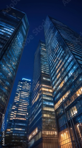 Modern Skyscrapers at Night with Illuminated Windows