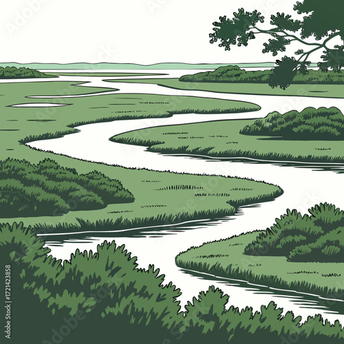 Stylized illustration of a winding river flowing through a lush green marshland with distant hills under a clear sky