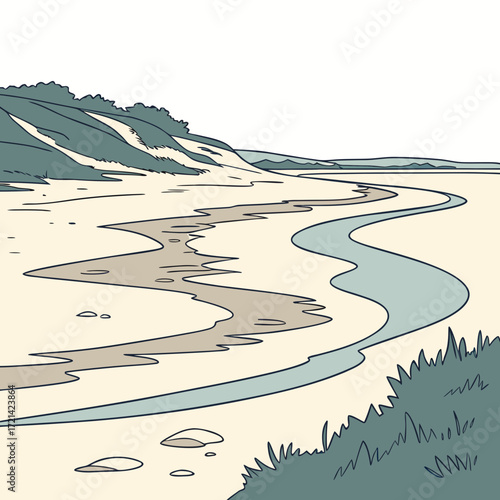 Stylized illustration of a winding river flowing through a sandy landscape with rolling hills and vegetation