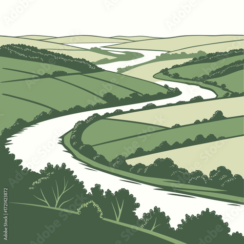 Stylized illustration of a winding river flowing through rolling green hills and agricultural fields