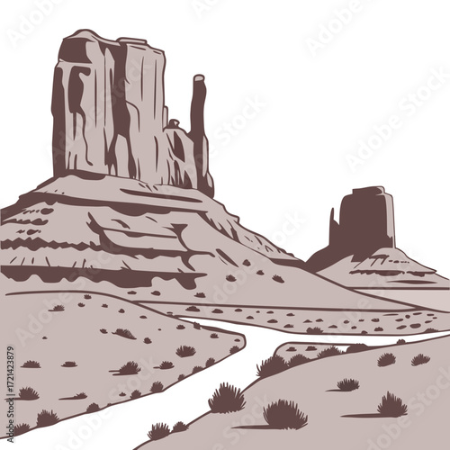 Stylized illustration of iconic monument valley mesas and buttes with a winding desert road and sparse vegetation