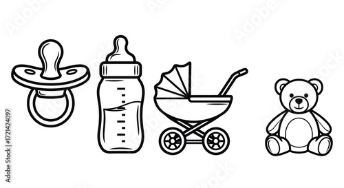 Vector illustration of baby accessories for newborn care and development