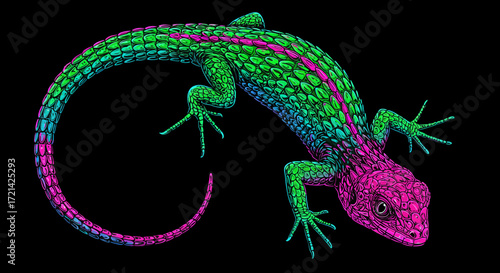 Vibrant Lizard Illustration with Scales Pink Head and Green Body.