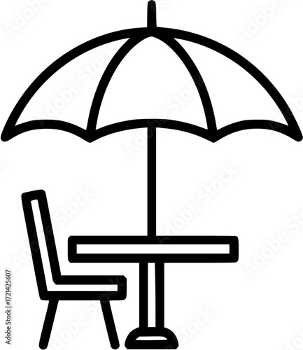Table chair umbrella cafe outdoor dining restaurant furniture terrace summer line art icon vector
