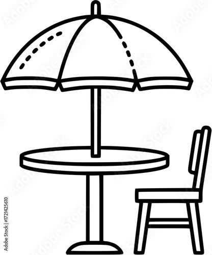 Table chair umbrella cafe outdoor dining restaurant furniture terrace summer line art icon vector
