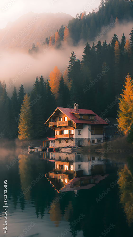 Fototapeta premium A charming wooden house with a red roof sits on the edge of a serene lake, surrounded by misty autumn forest