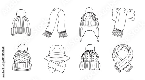 Collection of hand drawn winter hat and scarf silhouettes for fashion design
