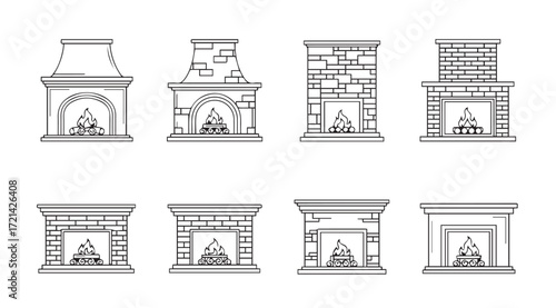 Collection of eight distinctive fireplace designs in a sketchy silhouette style