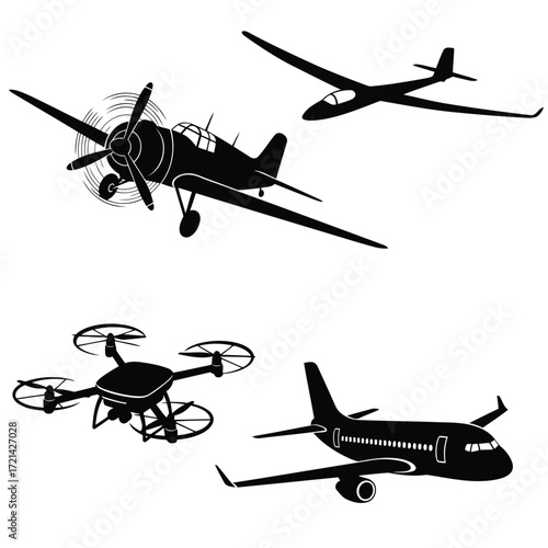 Vector illustration of silhouette of different types of aircraft