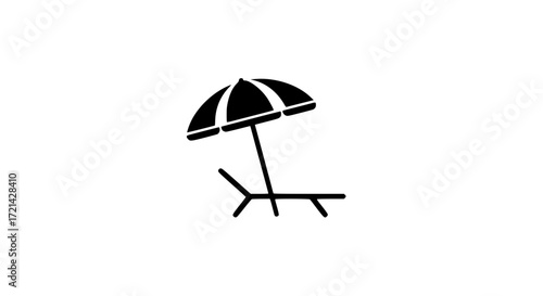 Deck chair with umbrella black white icon
