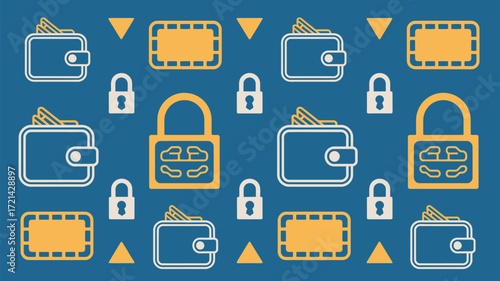A pattern of wallets, locks, rectangles, and triangles on a blue background in a flat design style