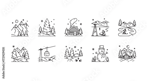 Collection of winter scene illustrations in a distinctive silhouette style