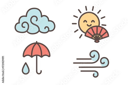 Hand-drawn weather icons set with cute cloud, rainy umbrella, sunny smiling face with fan, and wind swirl. Playful doodle eastern style illustration isolated on white background. Stickers collection