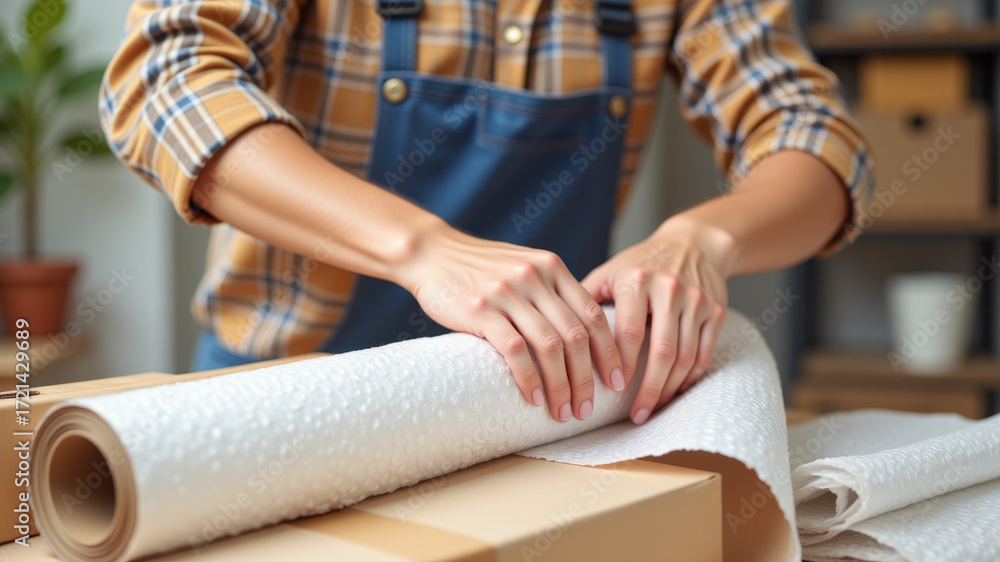 Obraz premium Man rolling bubble wrap for packing at warehouse table