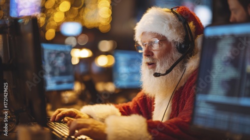 Santa Claus wearing a headset and typing on a computer keyboard at a busy call center workstation