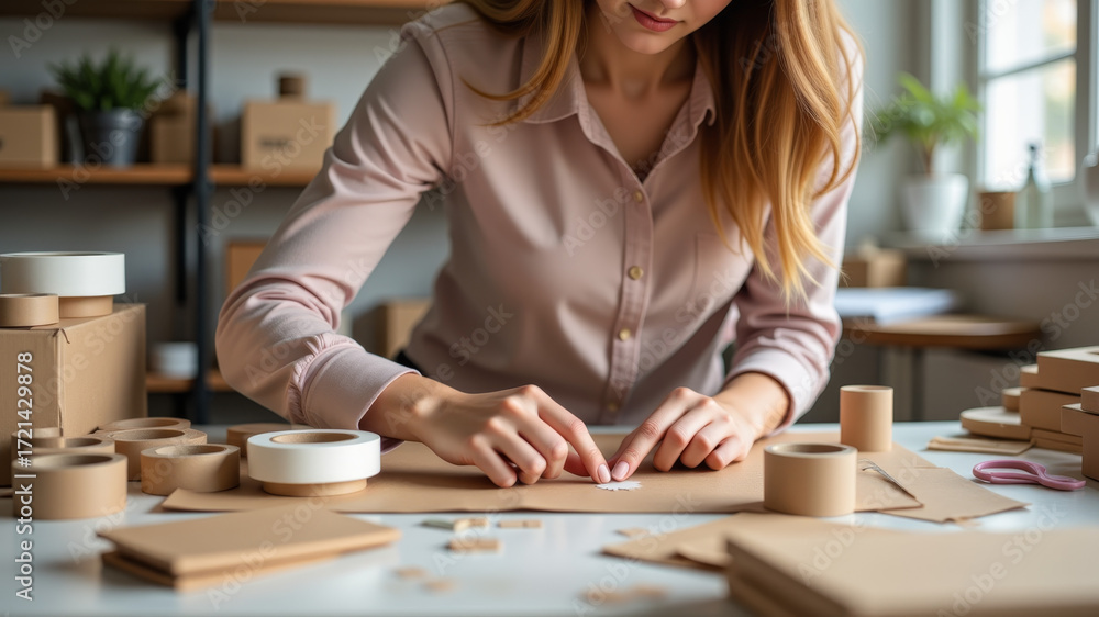 Fototapeta premium Person working at table with labels and tape for product shipment