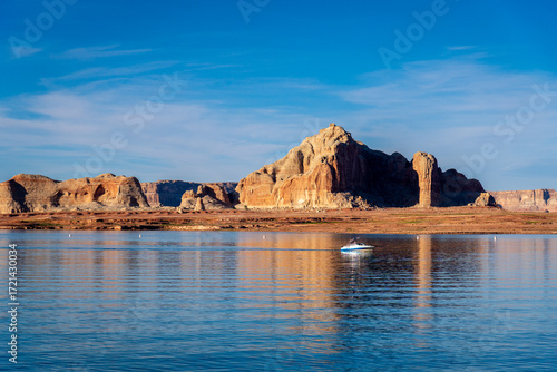 Solitary Recreational Boat on Lake Powell at Sunset, Page, Arizona, USA