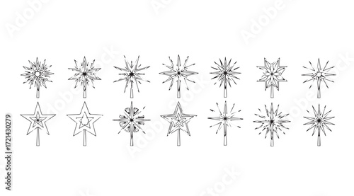 Collection of intricate starburst and snowflake like decorative elements silhouette