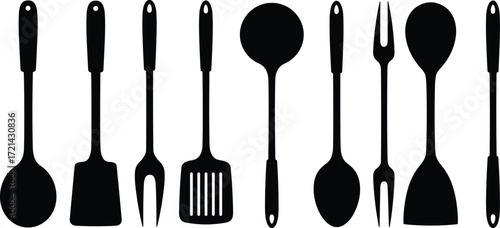 Kitchen utensil silhouette vector, cooking tools design, black kitchenware illustration, spoon fork spatula ladle, food preparation equipment, household cookware graphic