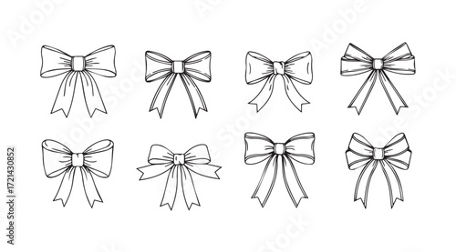 Collection of eight hand drawn decorative bow silhouettes with flowing ribbons