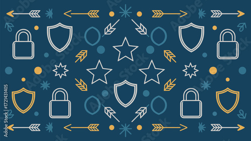 A pattern of shields locks stars arrows and circles on a dark blue background with gold accents design