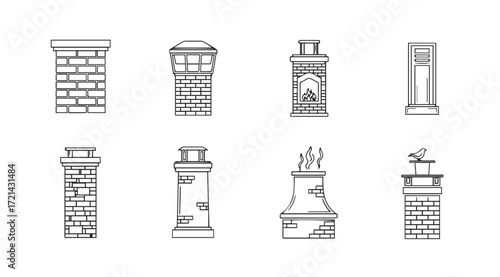 Collection of eight distinct chimney designs in a minimalist silhouette style