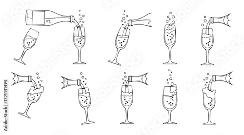 Collection of champagne glasses and bottles in a minimalist artistic silhouette style