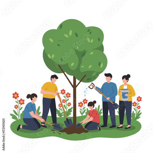 A joyful group of adults and children are actively planting a tree in a lush community garden, surrounded by blooming flowers, depicted in a bright 2D flat vector illustration.
