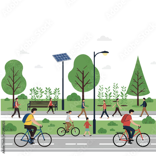 Vibrant 2D flat vector illustration depicts people cycling and walking on a shared path through a cheerful park, with a solar-powered street lamp and community garden in the background.