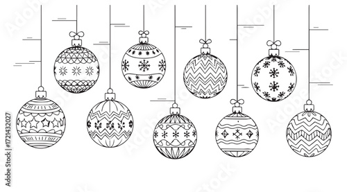 Collection of ornate christmas ornaments hanging in a row silhouette