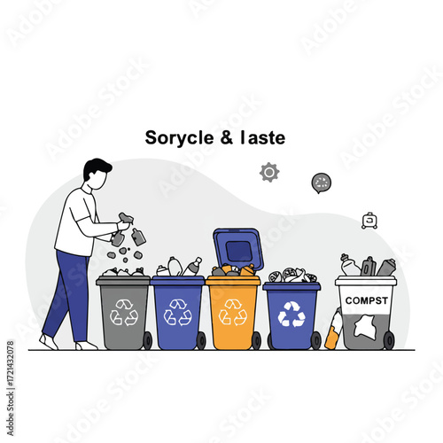 Person sorts waste into color-coded recycling and compost bins, promoting eco-friendly habits in a clean 2D flat vector illustration on a white background.