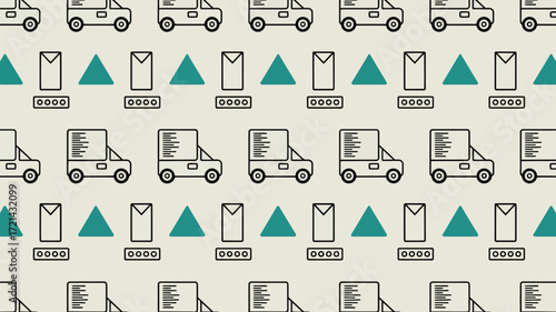 A repeating pattern of delivery trucks, triangles, and envelope icons on a light background surface