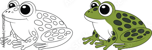 Cartoon frog coloring comparison vector, side-by-side outline and colored amphibian illustration for kids, fun educational art for activity books